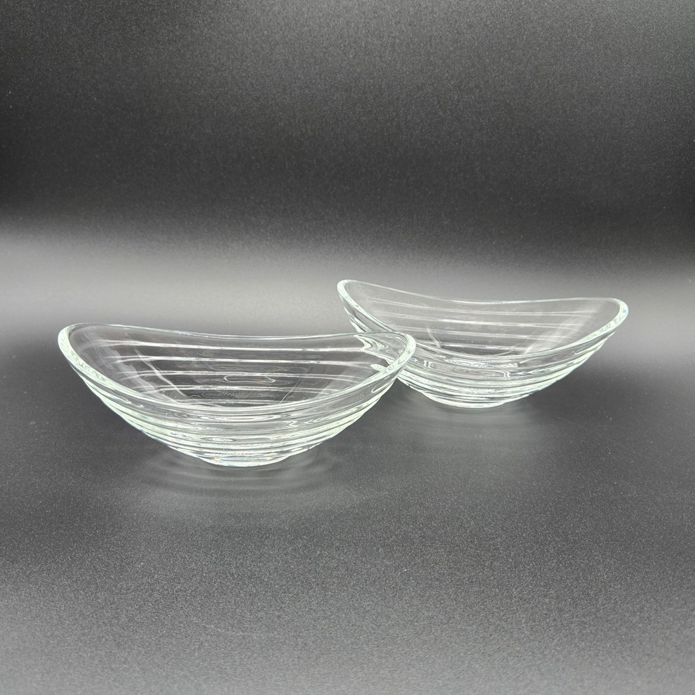 Glass Boat Bowls Clear Ribbed Textured‎ Mid Century Modern MCM Retro Minimalist